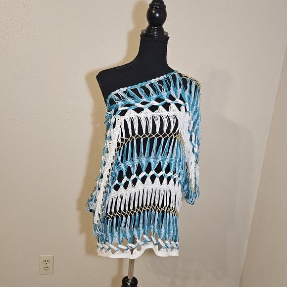Shoreline Asymmetrical Blue and White Crochet Dress Or Top - Picture 3 of 7